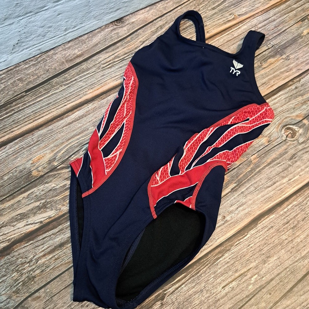 TYR‎ Girls Competition Swimsuit Navy Blue Red Flame Graphic Racerback Piece 24